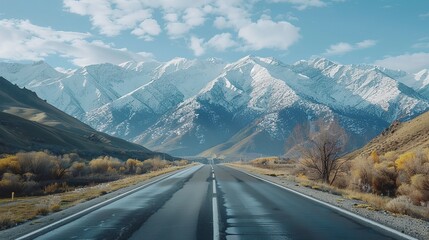 Fototapeta premium An asphalt road stretching into the distance against the backdrop of high mountain ranges.