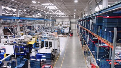 Modern industrial warehouse with machinery and shelves for efficient operations and logistics - Powered by Adobe