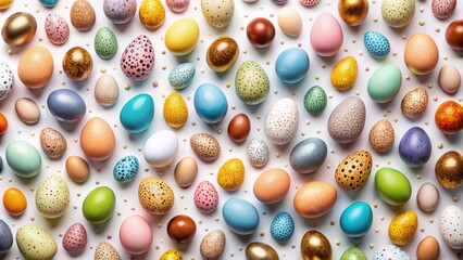 Fototapeta premium Colorful arrangement of eggs in various shapes and sizes forming a seamless repetitive pattern on a white background.