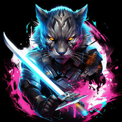 Fototapeta premium T-shirt design of a cyber-samurai panther, futuristic, fierce. Suitable for t-shirt or sticker ready to print. Animal character.[A-0003]