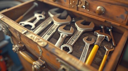 Fototapeta premium Vintage Toolbox with SEO Wrenches - Close-up of a vintage toolbox filled with wrenches labeled 