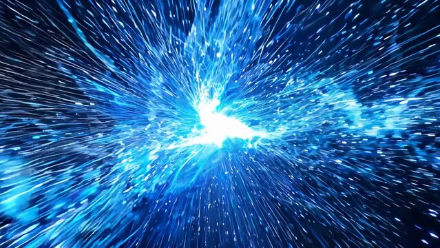 Explosive burst of intense blue energy radiating from a central point. Streaks of light create a sense of high-speed motion and expansion. 