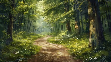 Obraz premium A dirt road winds through a spring forest, its path softened by the season's new growth.