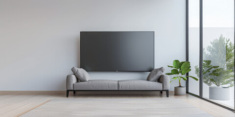 Minimalist living room interiors composition with a tv set, a sofa and a window providing natural lighting. Luxury Real Estate composition.