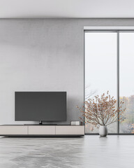 Fototapeta premium Minimalist living room interiors composition with a tv set, a sofa and a window providing natural lighting. Luxury Real Estate composition.