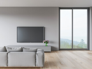 Minimalist living room interiors composition with a tv set, a sofa and a window providing natural lighting. Luxury Real Estate composition.