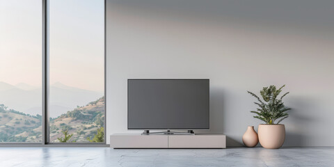 Fototapeta premium Minimalist living room interiors composition with a tv set, a sofa and a window providing natural lighting. Luxury Real Estate composition.