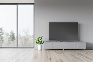 Minimalist living room interiors composition with a tv set, a sofa and a window providing natural lighting. Luxury Real Estate composition.