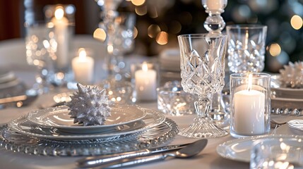 Elegant Christmas dinner table setting with crystal and candles, beautiful lighted plates, glass candles, balls on plates