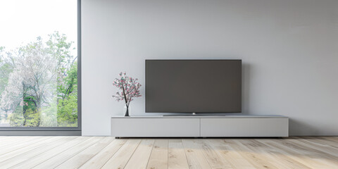 Minimalist living room interiors composition with a tv set, a sofa and a window providing natural lighting. Luxury Real Estate composition.