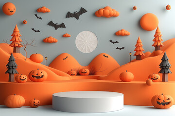 A Halloween scene with bats, pumpkins, and a moon