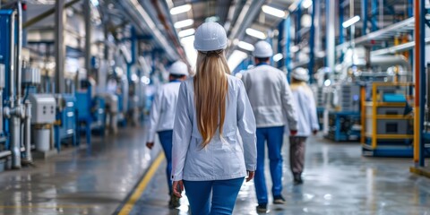 Obraz premium Industrial Manufacturing Facility with Engineers in Protective Gear
