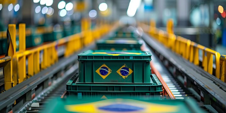 Industrial Conveyor Belt with Brazil Flag Crates in Motion