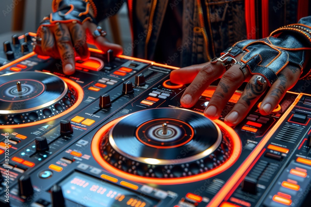Poster futuristic dj setup with vibrant lights and a dynamic performance creating an energetic vibe