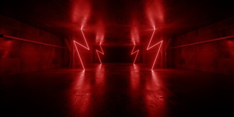 Vibrant Red Spaceship Alien Neon Lasers Cyberpunk Stage Podium Glowing Tunnel Corridor Realistic Sci Fi Futuristic Dark Concrete Grunge Basement Underground Parking Showroom 3D Rendering