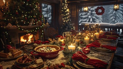 Fototapeta premium Christmas Eve fondue dinner in a cozy Swiss chalet, fireplace, lots of food
