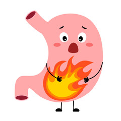 Unhealthy human stomach cartoon character suffering from pain. Acid reflux or heartburn. © Orapun
