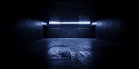 Sci Fi Modern Cement Concrete Garage Warehouse Bunker Underground Storage Podium Stage Realistic Tunnel Corridor Glowing Lights Cyber Empty Big Dark Background 3D Rendering