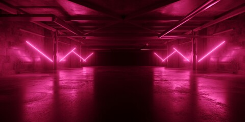 Purple Vibrant Glowing Spaceship Alien Neon Lasers Cyberpunk Stage Podium Glowing Tunnel Corridor Realistic Sci Fi Futuristic Dark Concrete Grunge Basement Underground Parking Showroom 3D Rendering