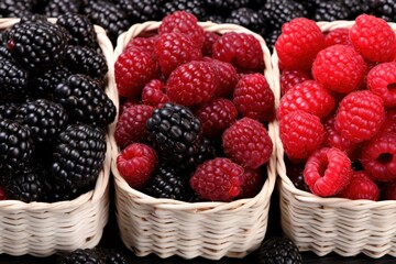 Blackberries and Raspberries in Wicker Baskets