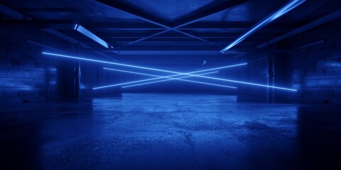 Blue Vibrant Glowing Spaceship Alien Neon Lasers Cyberpunk Stage Podium Glowing Tunnel Corridor Realistic Sci Fi Futuristic Dark Concrete Grunge Basement Underground Parking Showroom 3D Rendering