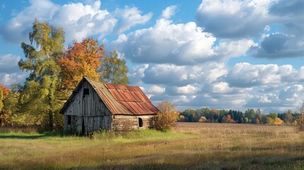Nestled amidst the expansive Lithuanian countryside, an old barn stands weathered and rustic against the backdrop of rolling fields.