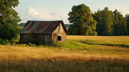 Obraz premium Nestled amidst the expansive Lithuanian countryside, an old barn stands weathered and rustic against the backdrop of rolling fields.