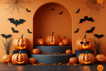 A Halloween scene with pumpkins and bats