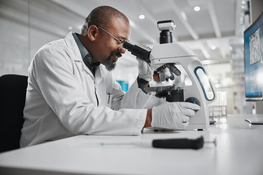 Science, black man and research with microscope in lab for investigation, development and dna test. Mature scientist, innovation and biotech with review for stem cell, study and growth in vaccinology