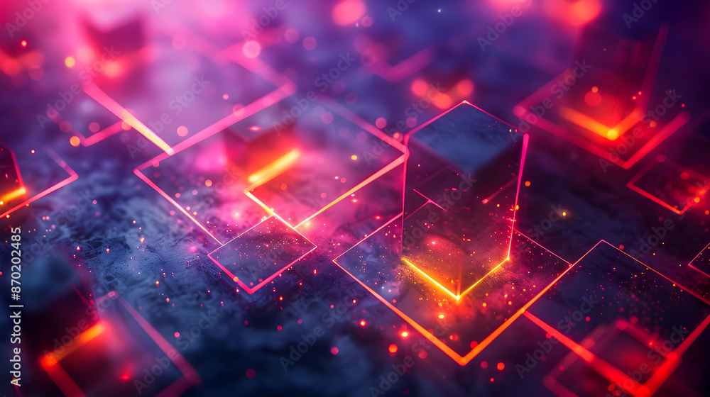 Poster Glowing Geometric Neon Backdrop with Angular Minimal Digital   Futuristic Abstract Pattern with Warm Highlights and Muted Tones