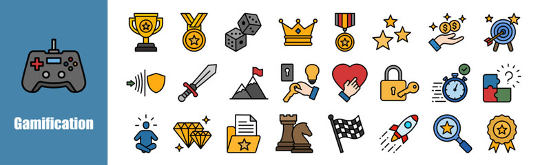 Gamification icon set for design elements,technology, engagement, strategy, game, motivation	
