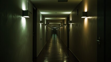 In a dimly lit corridor, a series of wall lights casts a warm, inviting glow along the passageway.