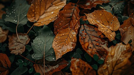 A lush forest floor is carpeted with wet autumn foliage, creating a vibrant natural background.