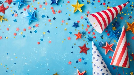 Obraz premium photograph of 4th of July American Independence Day decorations on blue background. Flat lay, top view, copy space 