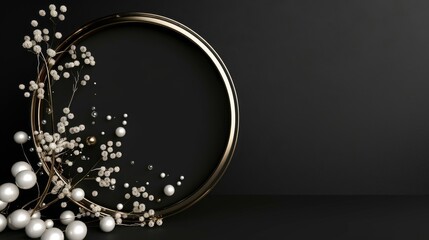 A tasteful composition featuring a circular gold frame entwined with delicate, pearl-like elements and botanicals against a dark backdrop