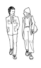 会話しながら散歩するカップルの線画イラスト