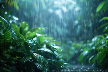 Obraz premium Gentle rainforest rain falls, its drops blending seamlessly into the lush, minimalist foliage.