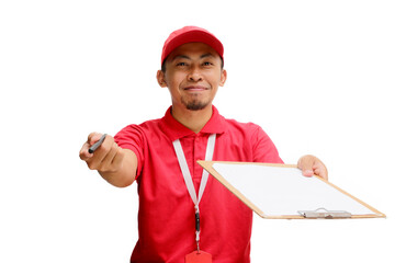 Excited Asian delivery man or courier offering a clipboard with a document to the camera for...