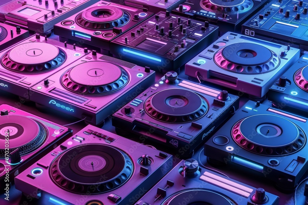Poster dj performing in a high tech setting with vibrant lights creating a dynamic atmosphere