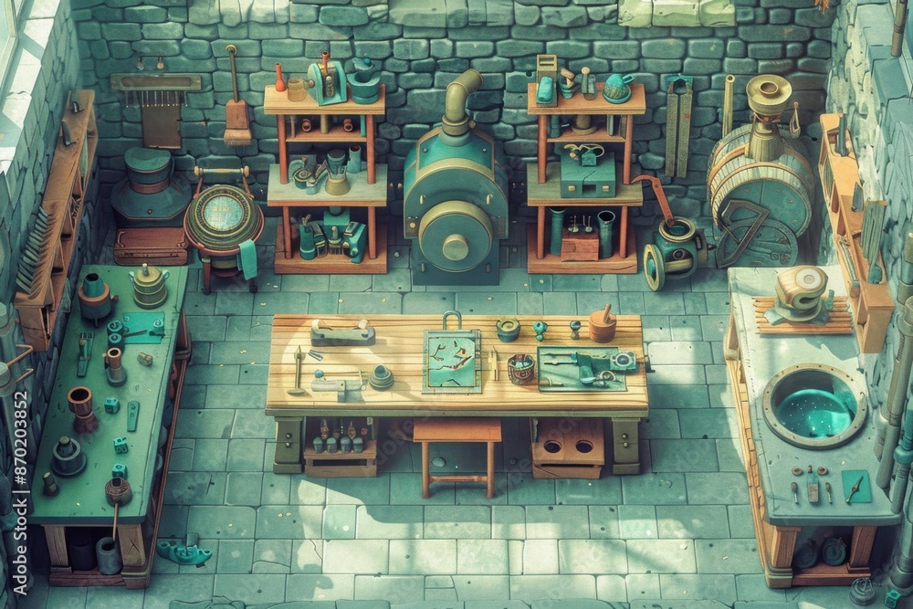 Poster magical tools and enchanted objects fill a mystical workshop, depicted from a minimal, top-down pers