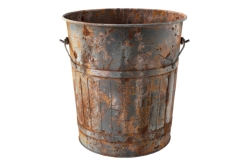 Old rusty metal trash can isolated on transparent background