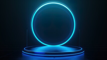 futuristic blue luminous round frame podium, business ecommerce product presentation background