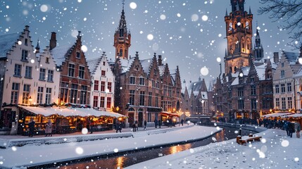 Fototapeta premium Bruges Christmas Market: Snow-covered medieval architecture, twinkling lights reflecting on the canals and lacemakers creating snowflake patterns.