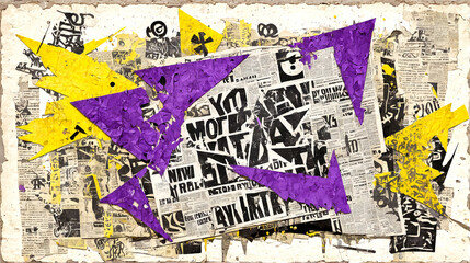 Fototapeta premium Minimalist illustration of a purple abstract shape with contrasting yellow accents, modern look. Punk Collage. 1