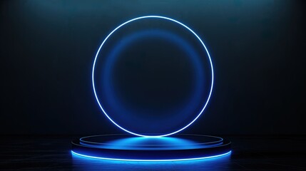 futuristic blue luminous round frame podium, business ecommerce product presentation background