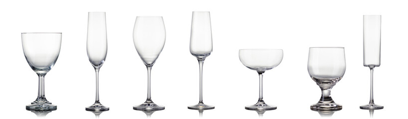 Set of different empty glasses for drinks and cocktails on white background