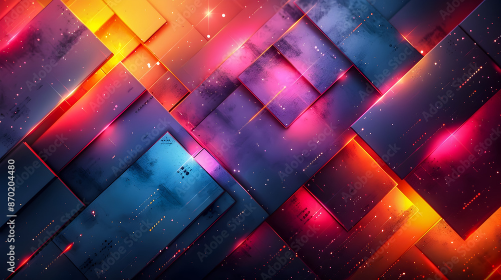 Poster striking minimalist digital art featuring a dynamic composition of neon geometric shapes and lines w