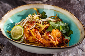 Udon with Shrimp, Cilantro, and Soy Sprouts on Stone Background - Vibrant Asian Cuisine Close-Up