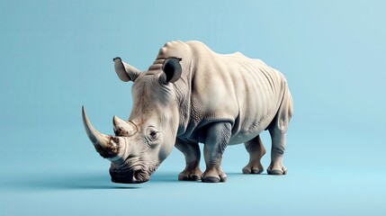 Obraz premium A detailed image of a white rhino standing on a light blue background, showcasing its distinctive horn and textured skin.