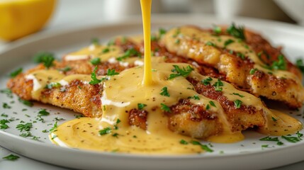 Crispy schnitzel chicken with creamy sauce garnished with herbs